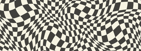 Trippy psychedelic checkerboard background. Retro checkered wallpaper. Wavy groovy chessboard surface. Distorted geometric grid chess pattern. Abstract old deformed flag backdrop. Vectorのイラスト素材