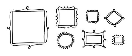 Doodled picture frame set. Hand drawn photo and image gallery border collection. 7 scribbled art frame layout composition.Memory wall arrangement idea. Sketched mood board collage template. Vectorのイラスト素材