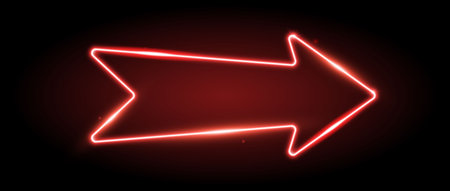 Red neon arrow element. Glowing led direction sign. Shine arrowhead shape tube lamp. Bright luminous...