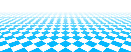 Blue checkerboard floor fading in perspective. Pool checkered tile pattern background. Vintage empty bath room checker stage. Retro chess board grid plane surface. Vector vanishing kitchen floorのイラスト素材