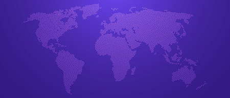 Purple glowing pixel world map concept. Abstract neon dotted line globe worldmap for poster, banner, brochure, flyer, booklet, presentation. Continents infographics wallpaper. Vector illustrationのイラスト素材
