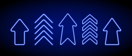 Bright blue neon up arrow element. Glowing led upward direction sign. Shine tube lamps in arrowhead...