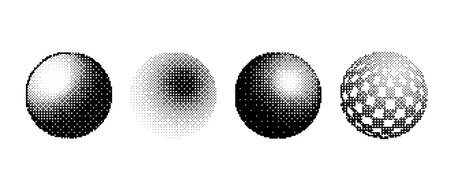 Pixel sphere shape set. Bitmap 3D globe form collection. Dither circle element pack for graphic...