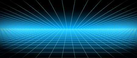 Bright blue glow neon wireframe background. Glowing shining checkered grid floor plane in perspective. Retro futuristic horizon wallpaper. Arcade game sci fi matrix landscape surface. Vector backdropのイラスト素材