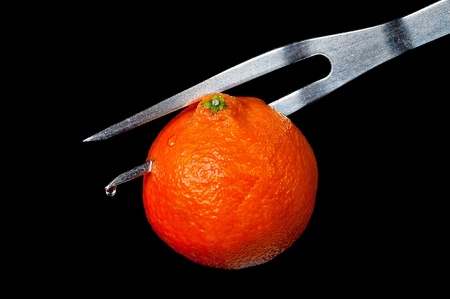 tangerine on a plug on a black backgroundの写真素材