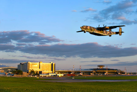 the military transport plane in flight