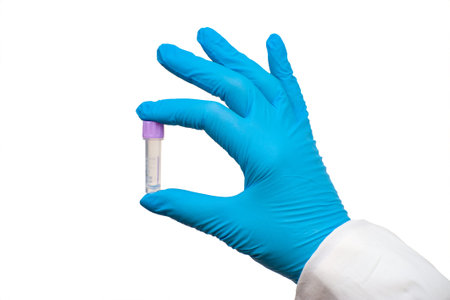 Hand in blue medical glove holds medicine capsule isolated on white background