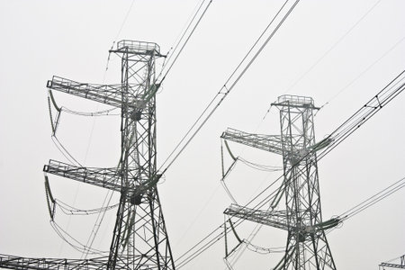 power line pylons in the gray smog