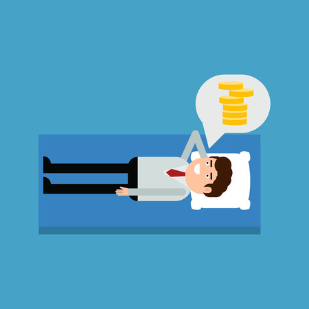 Businessman lying on a bed thinking about money, vector illustration on a blue backgroundのイラスト素材