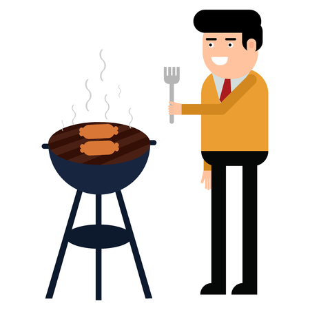 Man is cooking a barbecue grill. Fry meat and sausages on fire isolated on white backgroundのイラスト素材