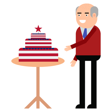 The man is standing near the cake with the symbols of USA isolated on white backgroundのイラスト素材