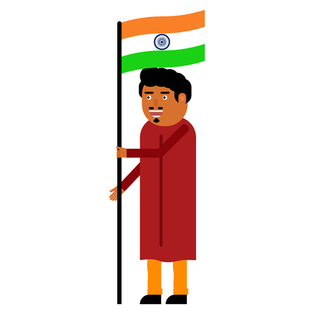 Indian man carries the flag of India isolated on white backgroundのイラスト素材