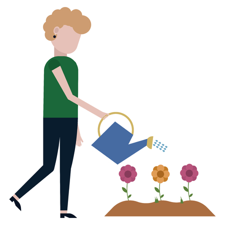 Girl watering flowers vector illustration on white backgroundのイラスト素材