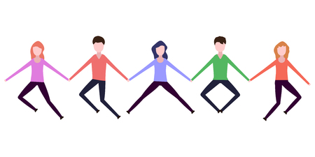 People holding hands in a jump on a white backgroundのイラスト素材