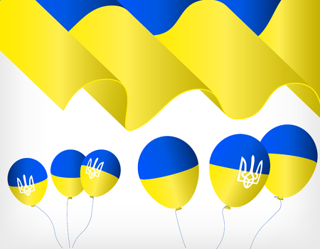 Ukrainian waving flag, helium balls with symbols of the Ukrainian flagのイラスト素材