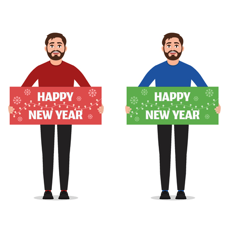 Man holds poster Happy New Year. Congratulations on Happy new year vector illustration on a white backgroundのイラスト素材