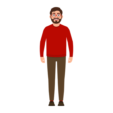 Bearded guy smiles, happy man in red sweater, good mood, character in flat style vector illustrationのイラスト素材