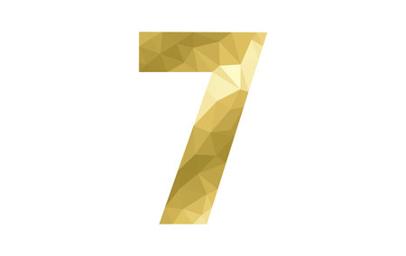 Number 7 in gold color, low poly vector illustration, polygonal abstract design