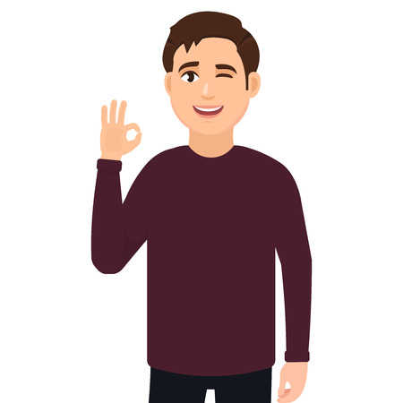 The guy shows the gesture is cool, the gesture is good. Vector illustration in cartoon style.のイラスト素材