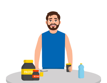Bearded male athlete drinks protein and BCAA, the guy is standing at the table holding a shaker. Character in cartoon styleのイラスト素材