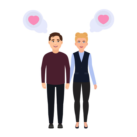 Boy and girl hold hands, couple in love, happy people, character in cartoon style. Flat vector illustrationのイラスト素材