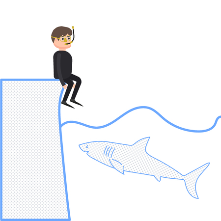 A shark wants to eat a man, a diver sits on the shore, a shark swims in the open sea, a character in a cartoon styleのイラスト素材