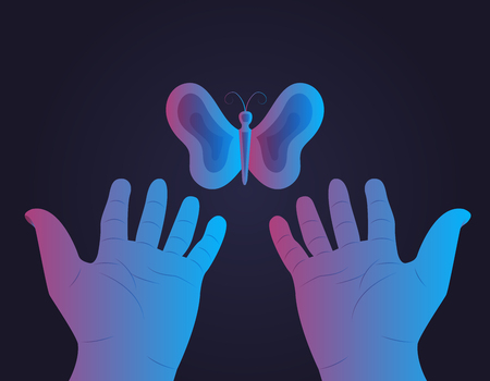 A butterfly flies near the hands of a person, a person lets go or catches a butterfly, ultra violet vector illustrationのイラスト素材