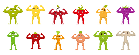 Fruits and vegetables with arms and legs, flat characters, show hand biceps, healthy food, vector illustrationのイラスト素材