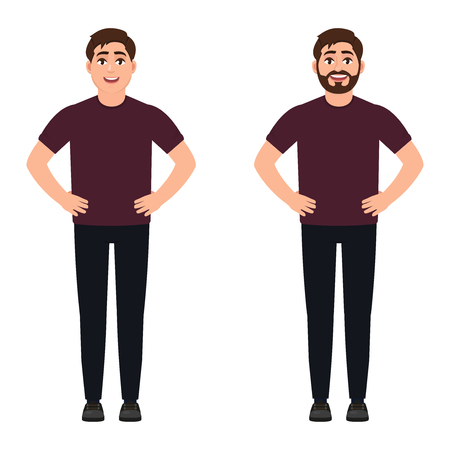 A man stands in a pose, hands on his hips, a happy bearded or shaved man, a heroic man, a character in a cartoon styleのイラスト素材