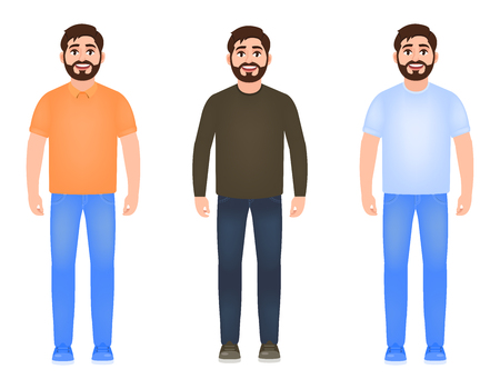 Bearded man dressed in jeans, t-shirt, sweater and sneakers, happy man, character in cartoon styleのイラスト素材