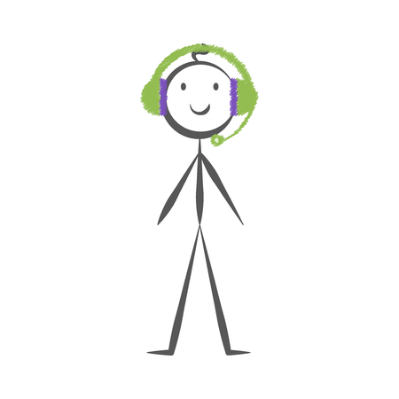 Stick man in headphones drawn by hand, vector illustration in cartoon styleのイラスト素材