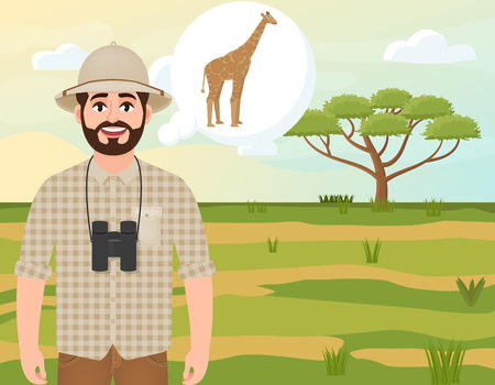 Happy man in cork hat, animal hunter thinks about giraffe, safari landscape, umbrella acacia, African countryside, vector illustrationのイラスト素材