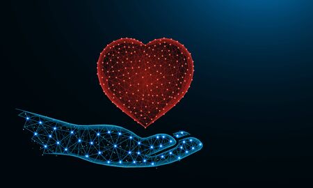 Human hand and a heart symbol low poly design, valentine in polygonal style, love wireframe vector illustration made from points and lines on dark blue backgroundのイラスト素材