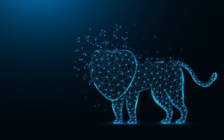 Lion low poly design, African animal abstract geometric image, wild cat wireframe mesh polygonal vector illustration made from points and lines on dark blue backgroundのイラスト素材