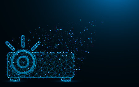 Projector low poly design, optical instrument abstract geometric image, projection apparatus wireframe mesh polygonal vector illustration made from points and lines on dark blue backgroundのイラスト素材