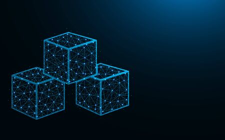 Cubes low poly design, sugar abstract geometric image, ice cube wireframe mesh polygonal vector illustration made from points and lines on dark blue backgroundのイラスト素材