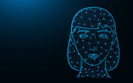 Girl head poly design, female face abstract geometric image, girl wireframe mesh polygonal vector illustration made from points and lines on dark blue backgroundのイラスト素材