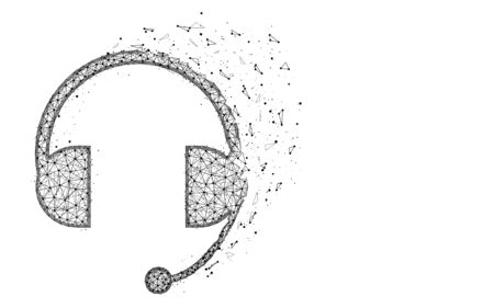 Headphone with microphone low poly design, headset abstract geometric image, support wireframe mesh polygonal vector illustration made from points and lines on white backgroundのイラスト素材