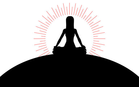 Woman sitting in lotus position on a hill, the sun's rays of the sun, silhouette art image, vector illustration isolated on white backgroundのイラスト素材