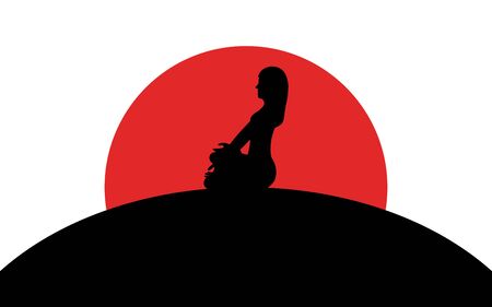 Girl sitting in lotus position on a hill, sunset, silhouette art image, vector illustration isolated on white backgroundのイラスト素材