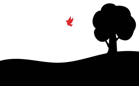 Red bird flies away from a tree, silhouette art image, vector illustration isolated on white backgroundのイラスト素材