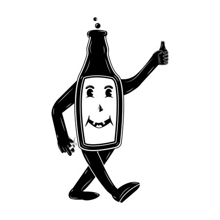 A running beer bottle holds beer in one hand and a cigarette in the other that smokes, happy drunkard cartoon character in retro style, vector illustration on a white backgroundのイラスト素材