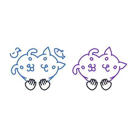 Love for pets outline icons, dog and cat in the form of a heart symbol that is held by human hands isolated on white backgroundのイラスト素材