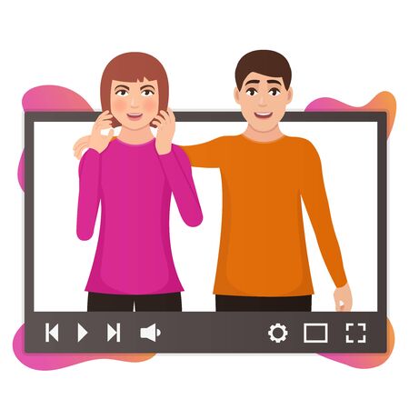 Happy guy hugged a girl, a young girl blushed with embarrassment, video player, dating chat vector illustration on a white backgroundのイラスト素材
