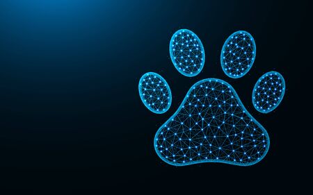 Pet footprints low poly design, cat and dog animal paw abstract geometric image, zoo wireframe mesh polygonal vector illustration made from points and lines on dark blue backgroundのイラスト素材