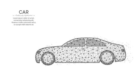 Car low poly design, transport abstract geometric art, driving wireframe mesh polygonal vector illustration made from points and lines on white backgroundのイラスト素材