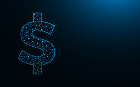 Dollar symbol low poly design, currency in polygonal style, money sign wireframe vector illustration made from points and lines on dark blue backgroundのイラスト素材