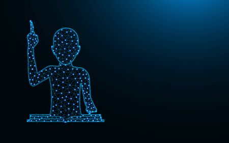 Human got excellent idea low poly icon, man reads a book abstract geometric image, education wireframe mesh polygonal vector illustration made from points and lines on dark blue backgroundのイラスト素材