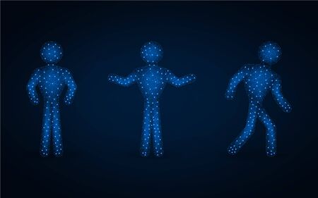 Body position low poly design, people wireframe mesh polygonal vector illustration made from points and lines on dark blue backgroundのイラスト素材