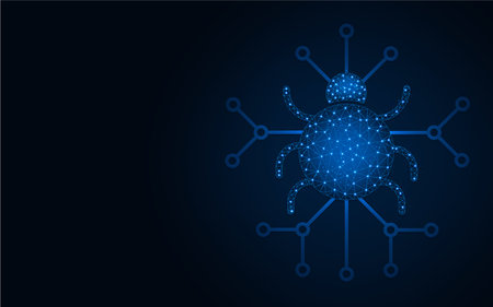 Computer virus low poly design, bug wireframe mesh polygonal vector illustration made from points and lines on dark blue backgroundのイラスト素材